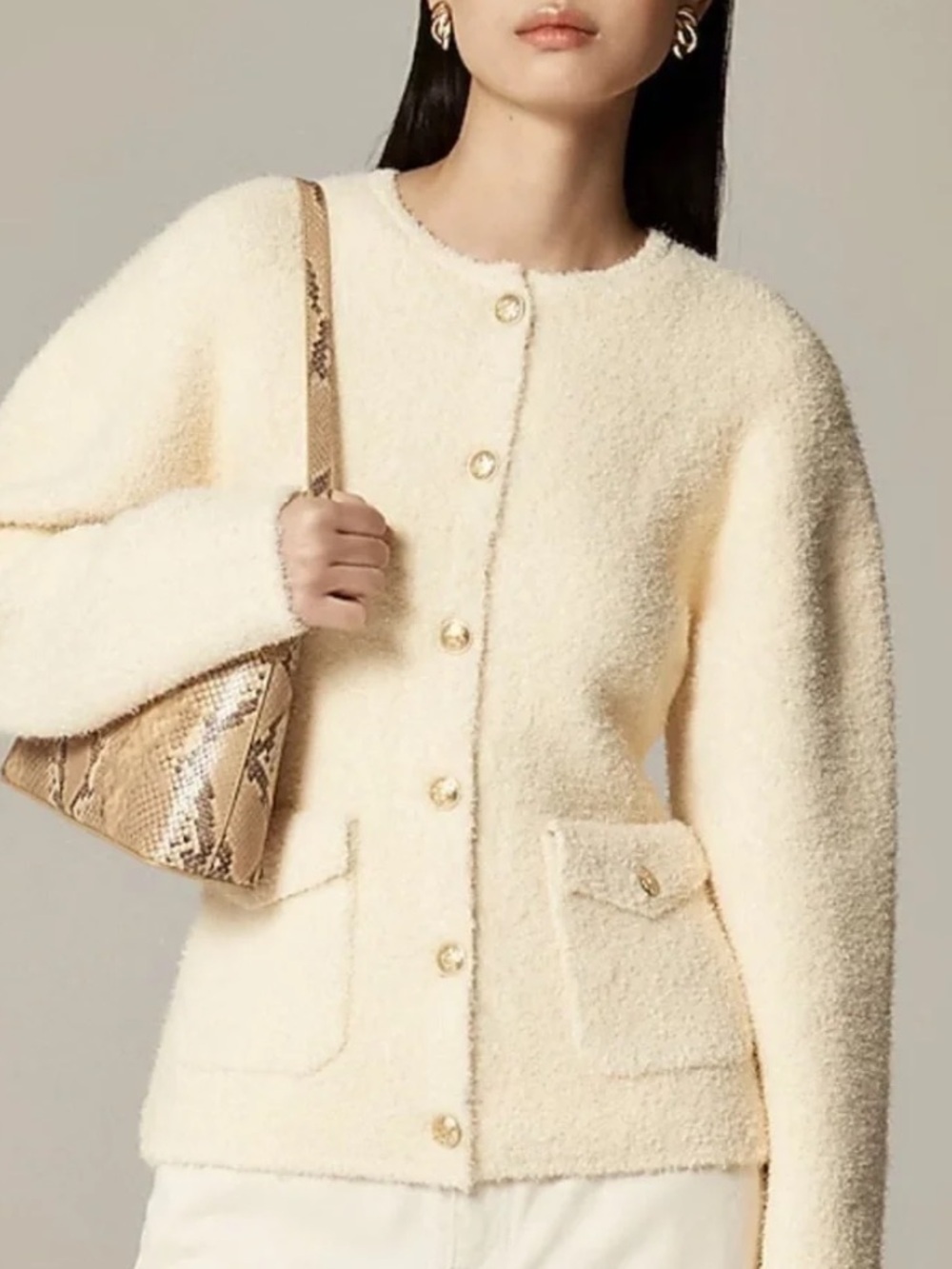 J. Crew Medium Cinched Waist Sweater Jacket Natural Sesame Ivory Cream Pockets